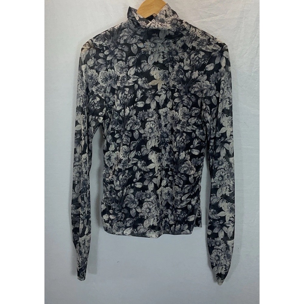 Cinq a Sept Black Floral Semi Sheer Mesh Turtleneck Top Long Sleeve Sz L